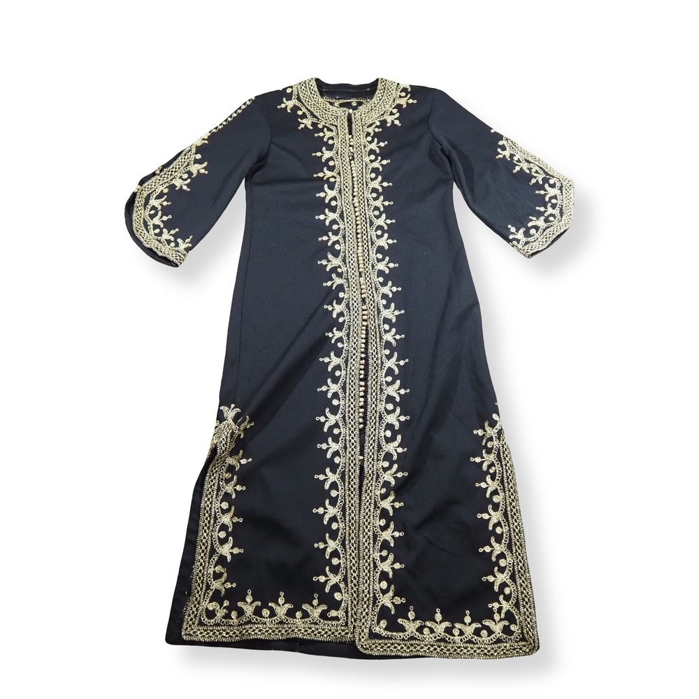 Unbranded Kaftan Dress Women OS Black Gold Vintage Moroccan Embroidered Maxi